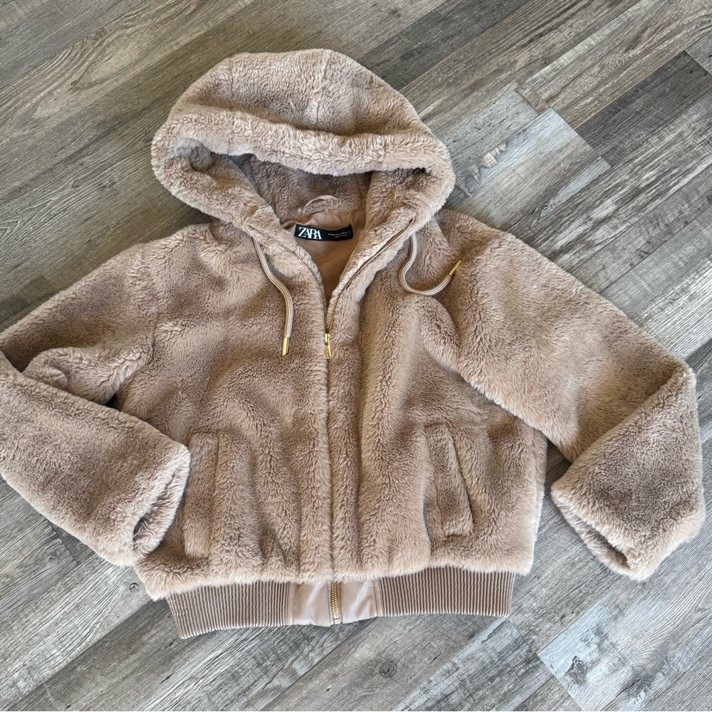 ZARA Plush Hooded Bomber Jacket - Taupe
